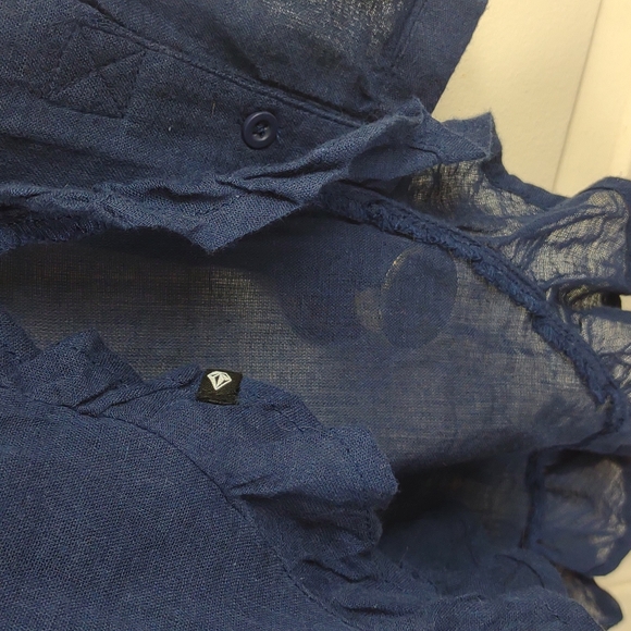 Volcom Blue Sheer Gauzy Hi-Lo Button LS Ruffle Hem Boho Tunic Blouse - Picture 8 of 15